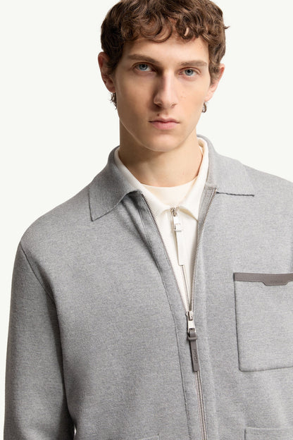 Moncler Leather Logo Wool Zip-Up Cardigan Grey Grey