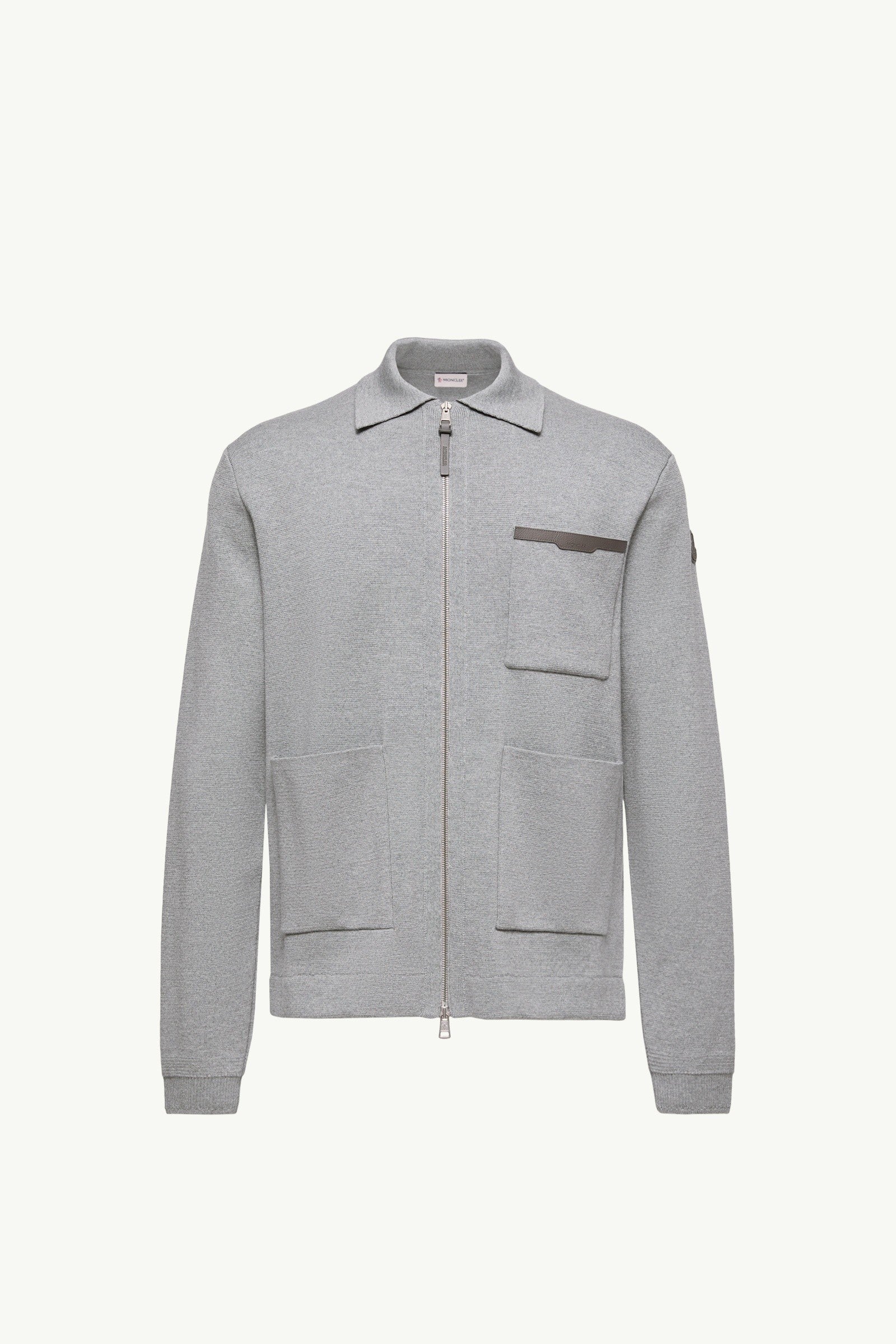 Moncler Leather Logo Wool Zip-Up Cardigan Grey Grey