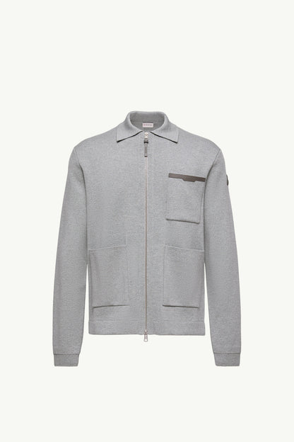 Moncler Leather Logo Wool Zip-Up Cardigan Grey Grey