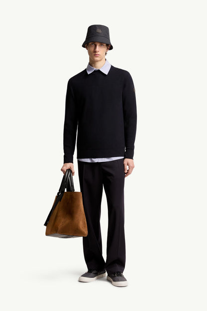 Moncler Leather Logo Wool Sweater Navy Blue Navy Blue