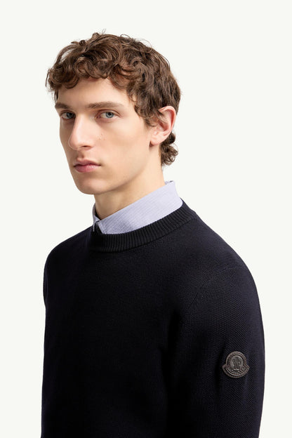 Moncler Leather Logo Wool Sweater Navy Blue Navy Blue