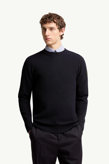 Moncler Leather Logo Wool Sweater Navy Blue Navy Blue