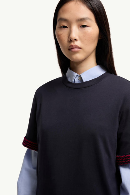 Moncler Crochet-Trimmed Cotton Logo T-Shirt Dark Blue Dark Blue