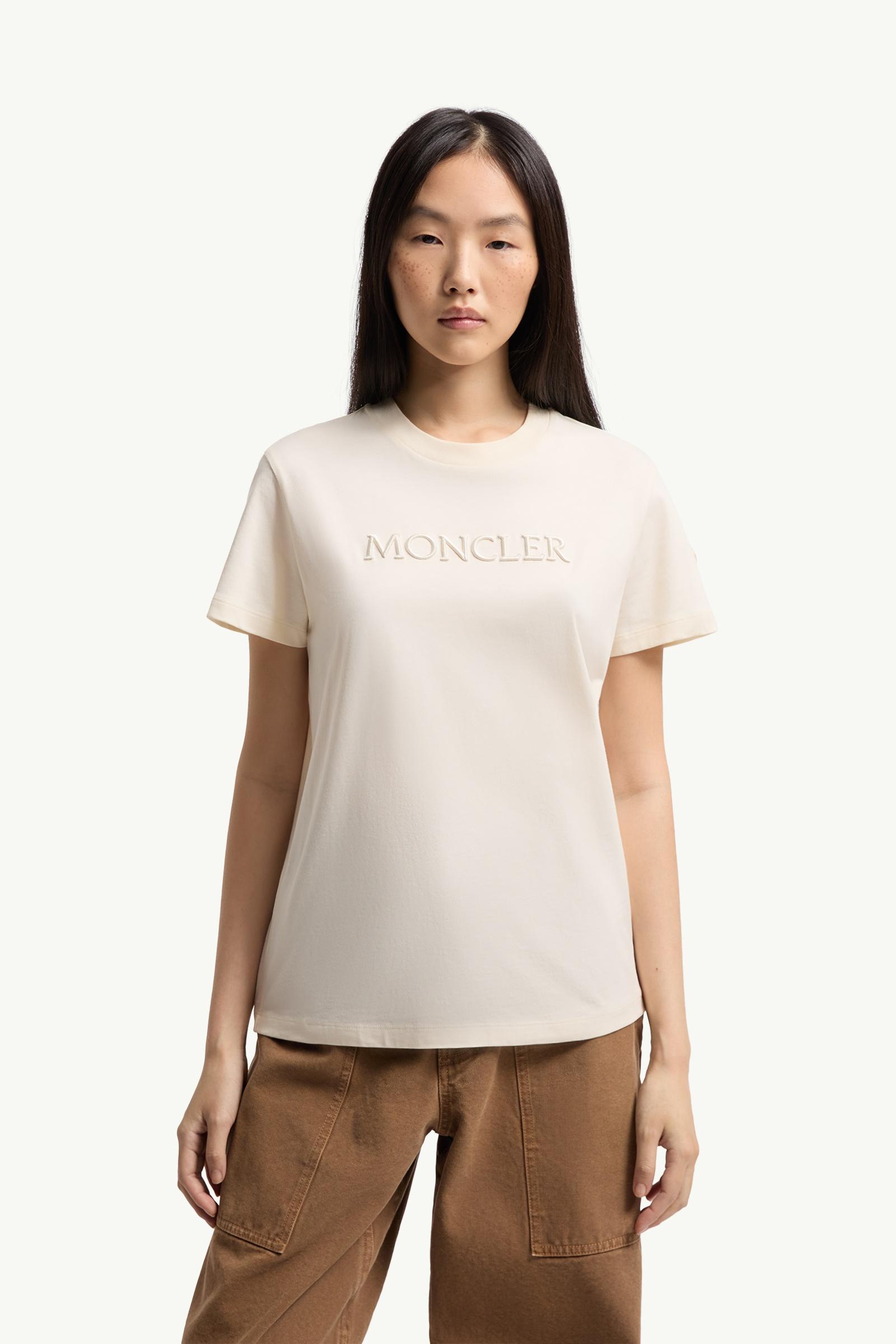 Moncler Embroidered Tonal Logo Cotton T-Shirt White Ivory White Ivory