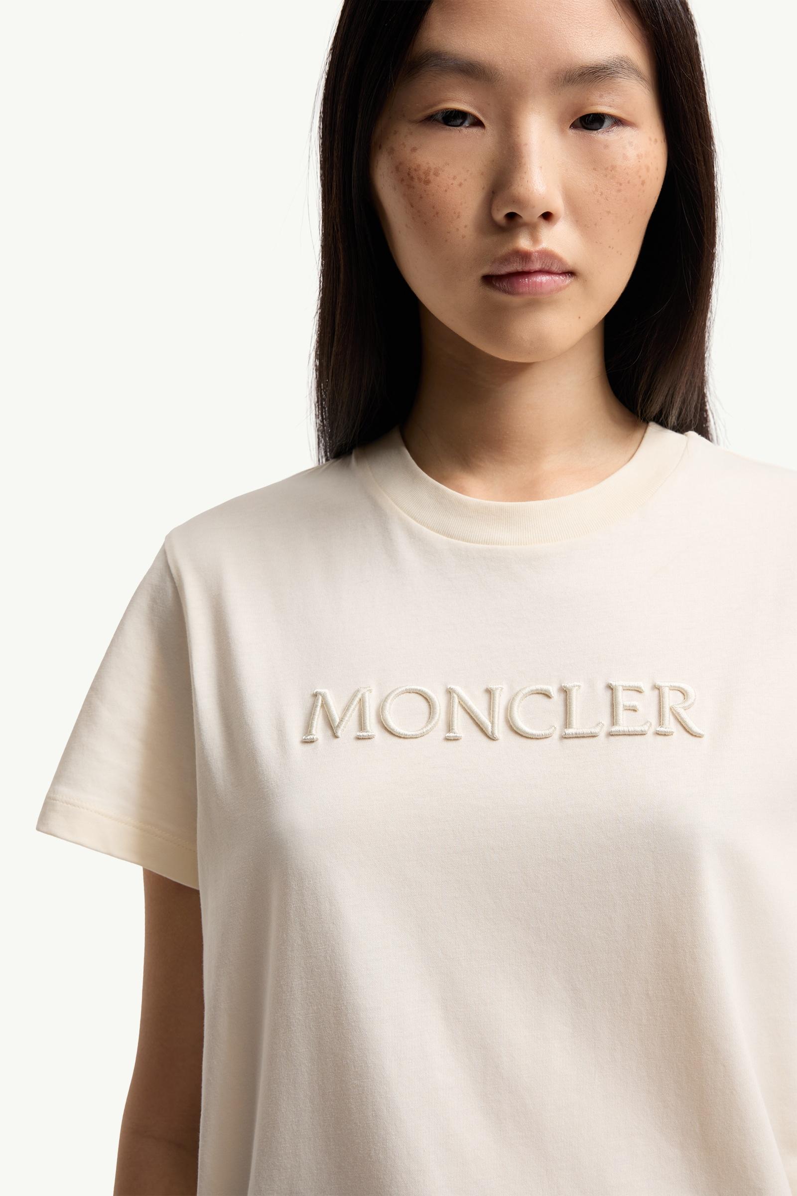 Moncler Embroidered Tonal Logo Cotton T-Shirt White Ivory White Ivory