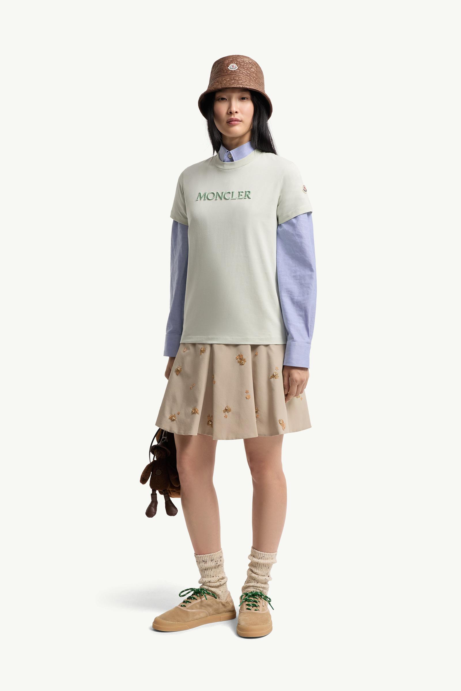 Moncler Embroidered Tonal Logo Cotton T-Shirt Light Green Light Green