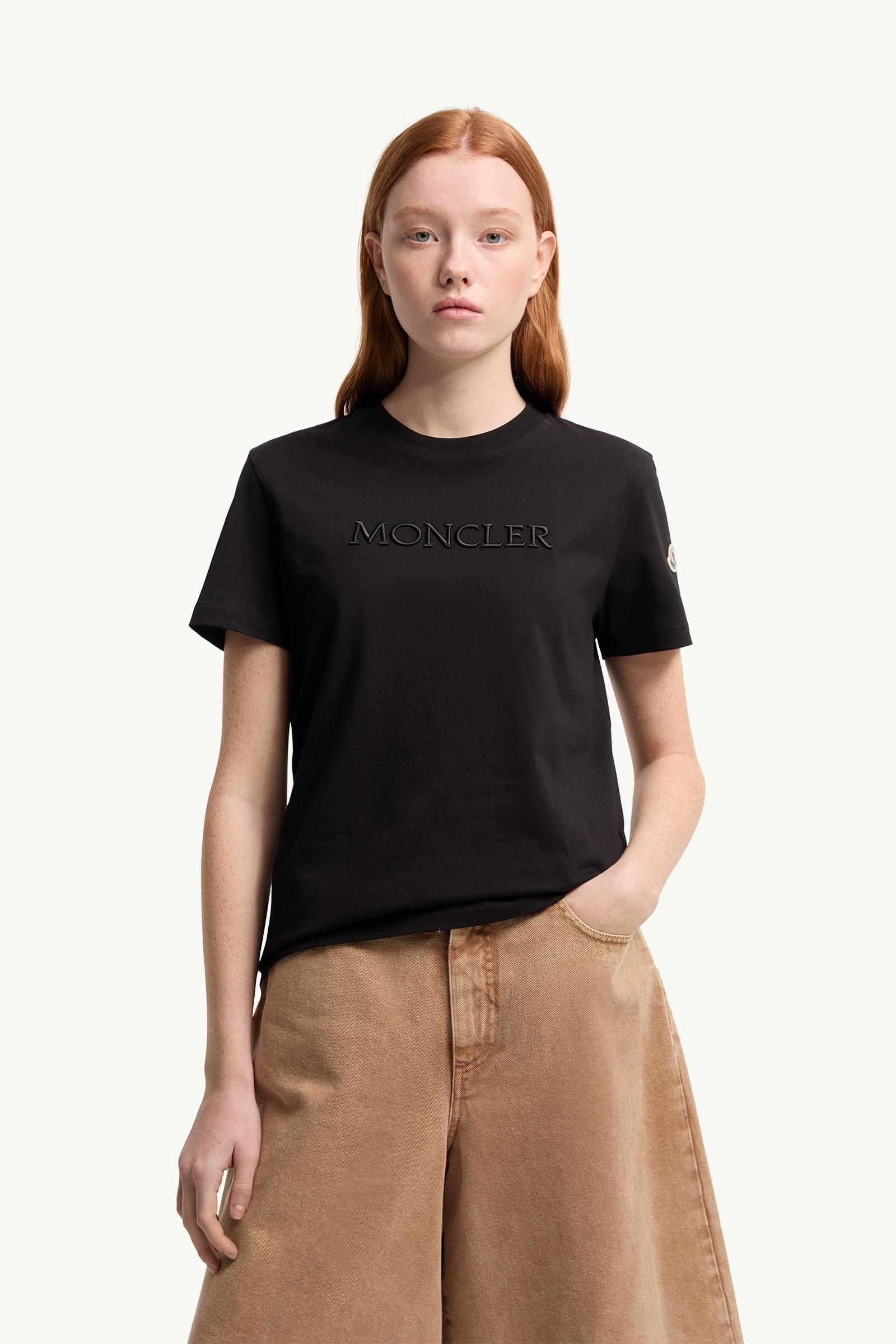 Moncler Embroidered Tonal Logo Cotton T-Shirt Black Black