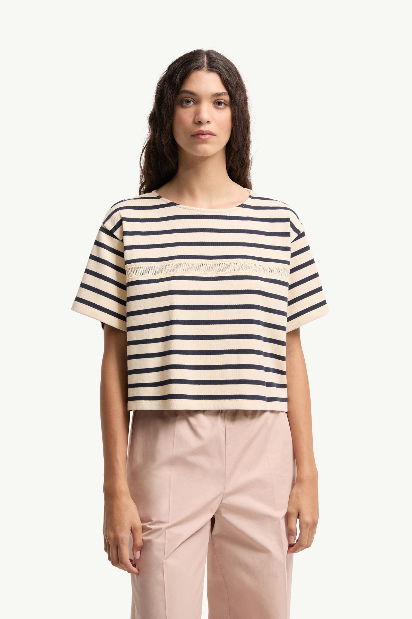 Moncler Macramé-Trimmed Striped Cotton T-Shirt White & Blue White & Blue