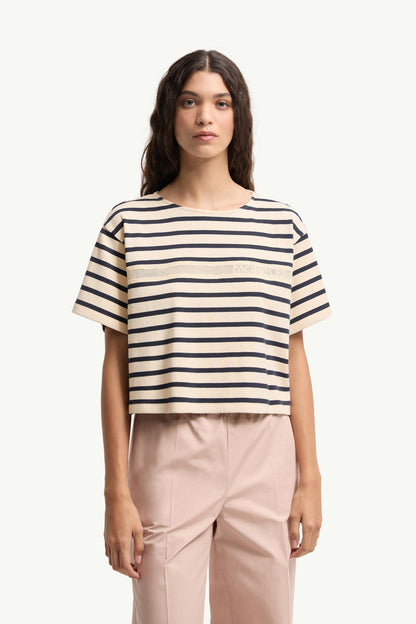 Moncler Macramé-Trimmed Striped Cotton T-Shirt White & Blue White & Blue