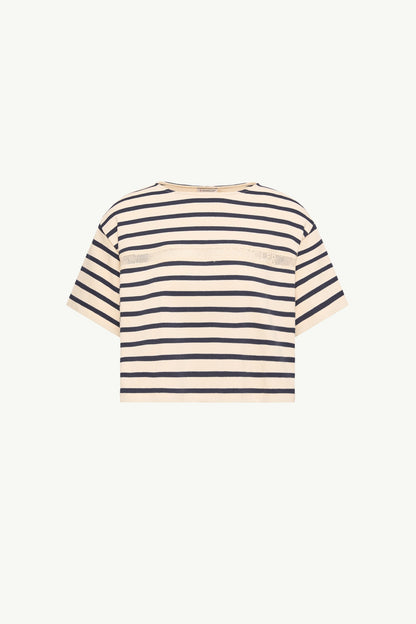 Moncler Macramé-Trimmed Striped Cotton T-Shirt White & Blue White & Blue
