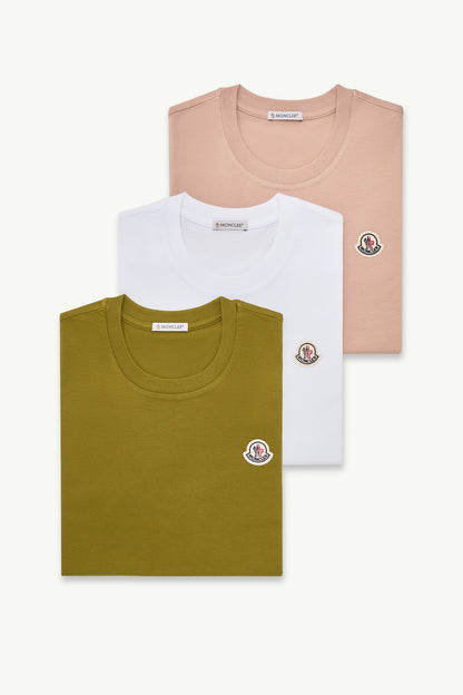 Moncler Logo Patch Cotton T-Shirt (Pack Of Three) White & Olive Green & Pink White & Olive Green & Pink