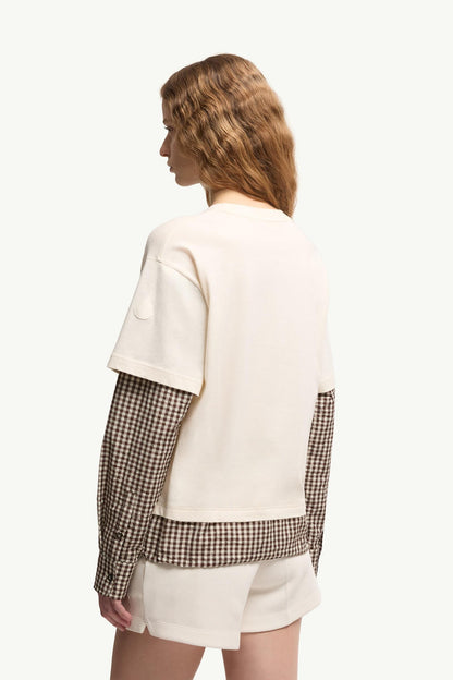 Moncler Layered-Effect Vichy Cotton Blend T-Shirt Light Beige Light Beige