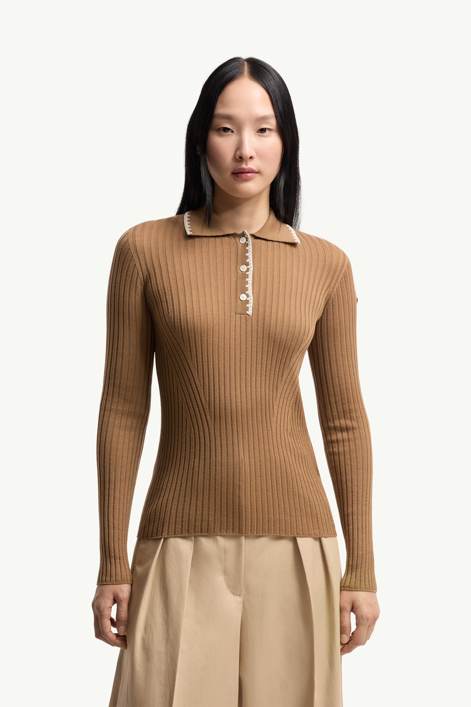 Moncler Wool Long Sleeve Polo Shirt Beige Beige