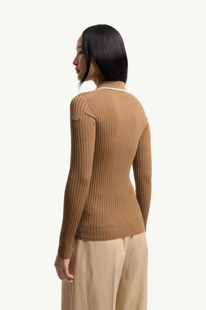 Moncler Wool Long Sleeve Polo Shirt Beige Beige