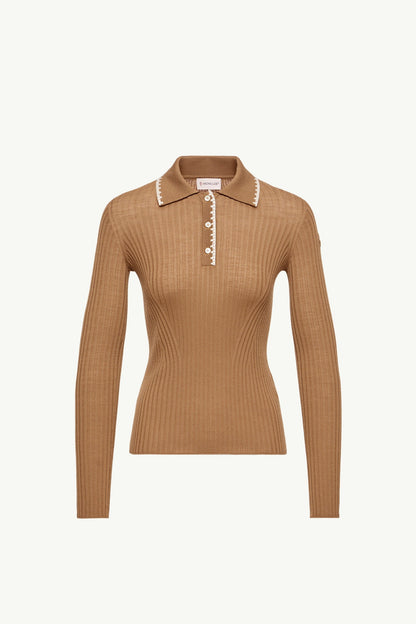 Moncler Wool Long Sleeve Polo Shirt Beige Beige