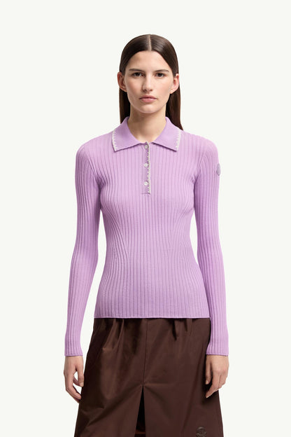 Moncler Wool Long Sleeve Polo Shirt Lilac Lilac