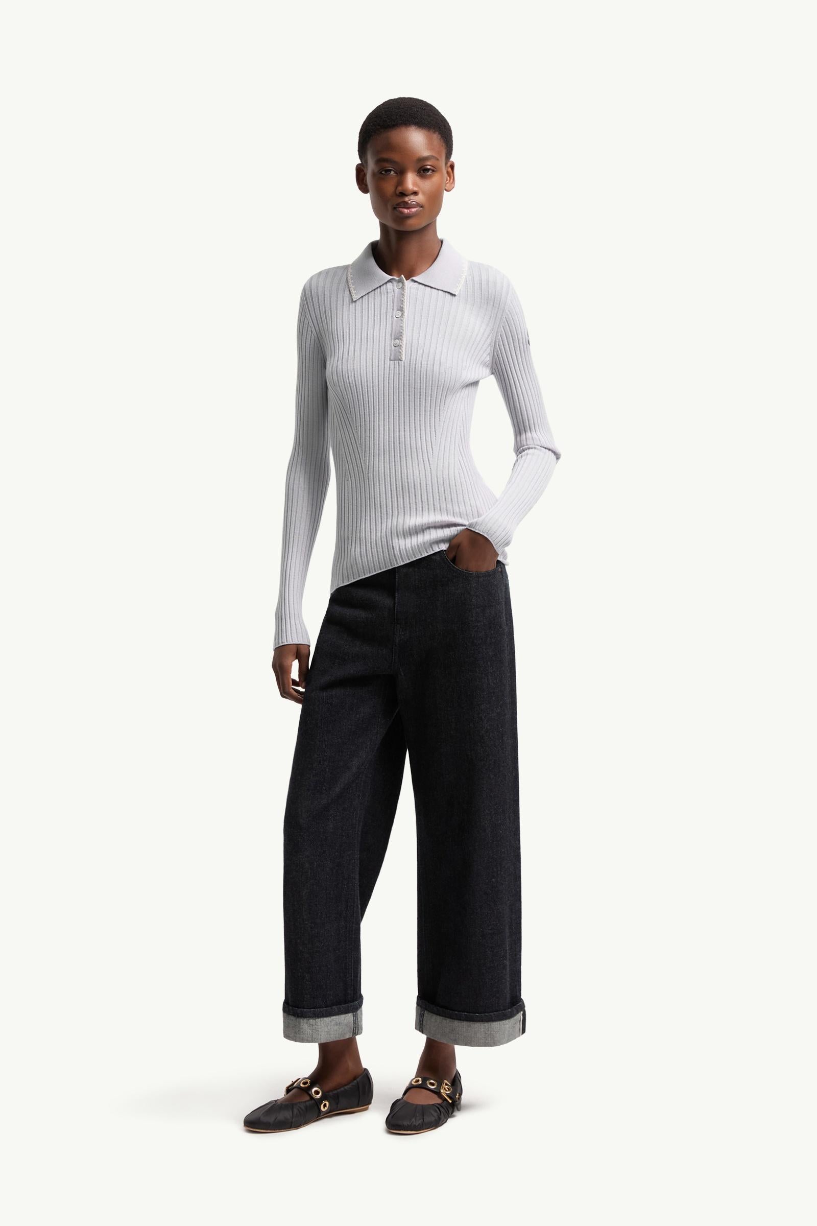 Moncler Wool Long Sleeve Polo Shirt Ice Blue Ice Blue