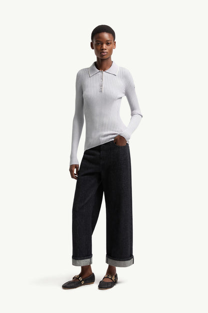 Moncler Wool Long Sleeve Polo Shirt Ice Blue Ice Blue
