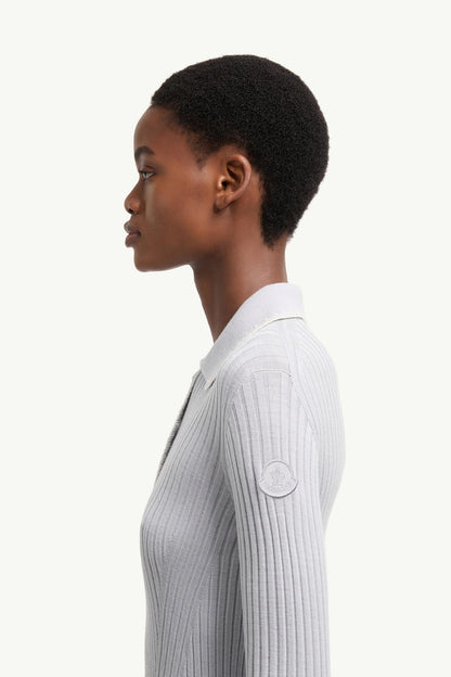 Moncler Wool Long Sleeve Polo Shirt Ice Blue Ice Blue