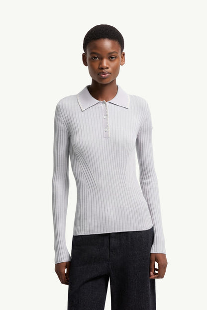 Moncler Wool Long Sleeve Polo Shirt Ice Blue Ice Blue
