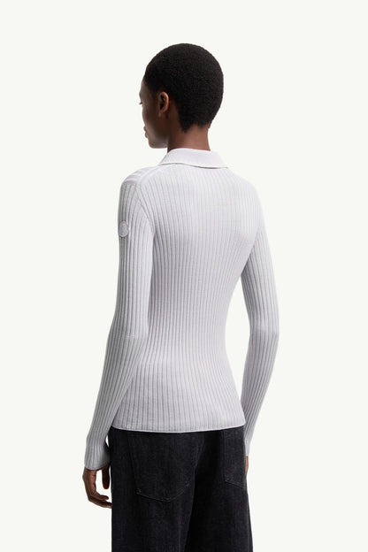 Moncler Wool Long Sleeve Polo Shirt Ice Blue Ice Blue
