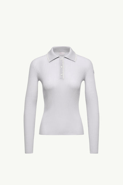 Moncler Wool Long Sleeve Polo Shirt Ice Blue Ice Blue