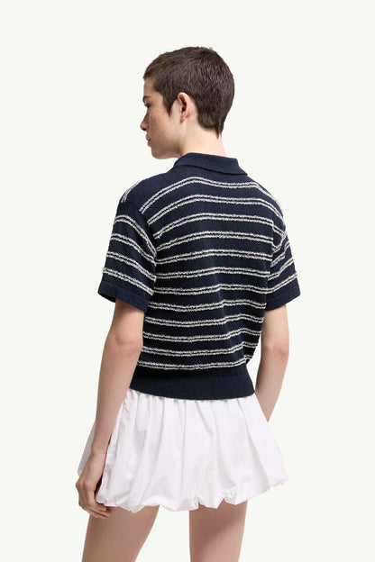 Moncler Cotton Blend Bouclé Crêpe Polo Shirt Navy Blue Navy Blue
