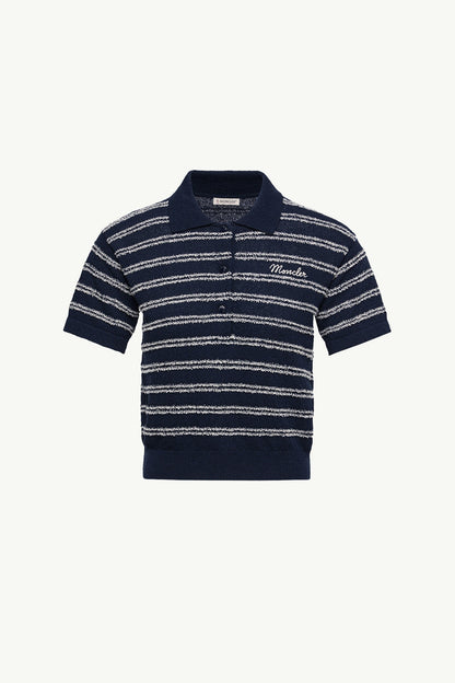 Moncler Cotton Blend Bouclé Crêpe Polo Shirt Navy Blue Navy Blue