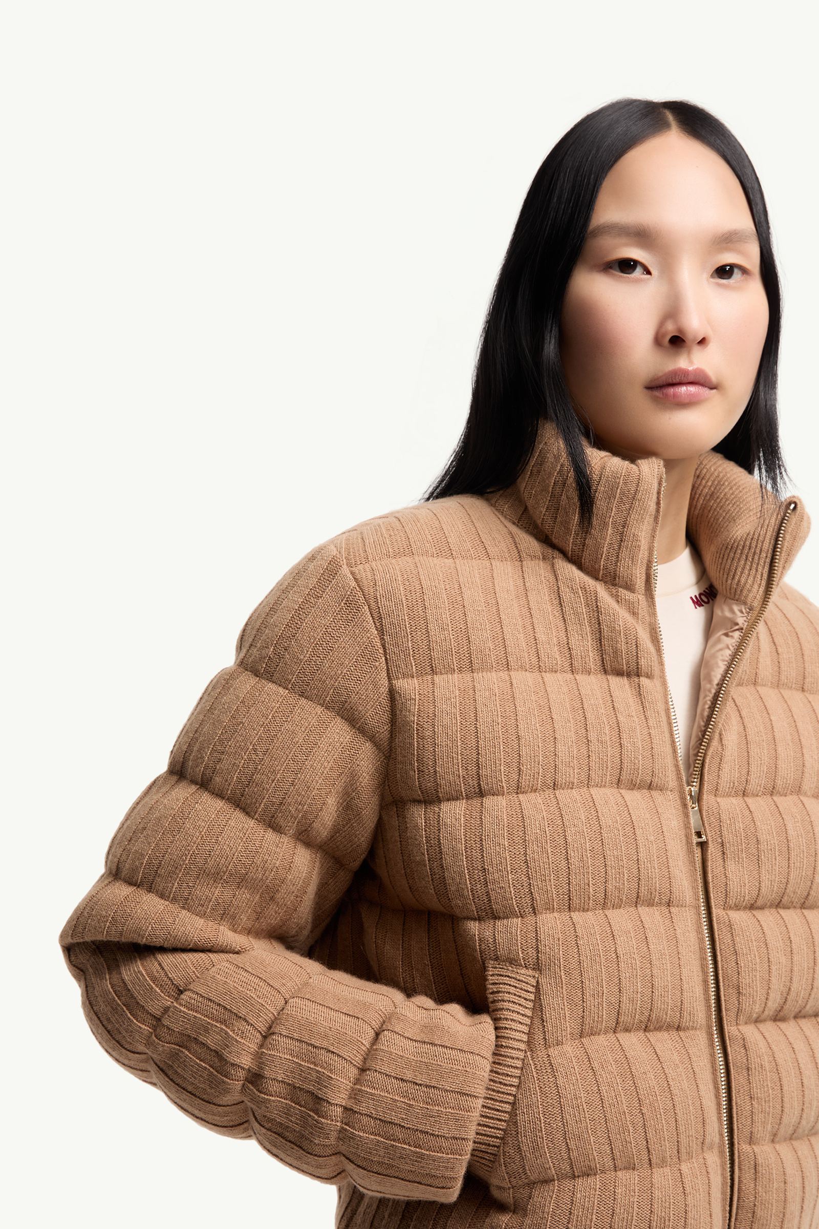 Moncler Wool & Cashmere Blend Padded Cardigan Camel Beige Camel Beige