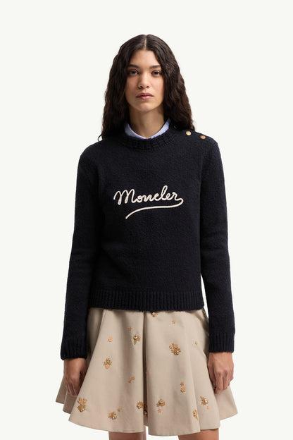 Moncler Embroidered Logo Cotton Blend Sweater Navy Blue Navy Blue