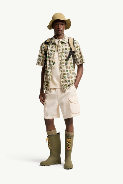 Moncler Botanical Print Cotton Blend Short Sleeve Shirt Brown & Green Brown & Green
