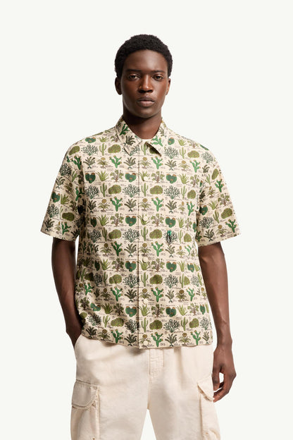 Moncler Botanical Print Cotton Blend Short Sleeve Shirt Brown & Green Brown & Green