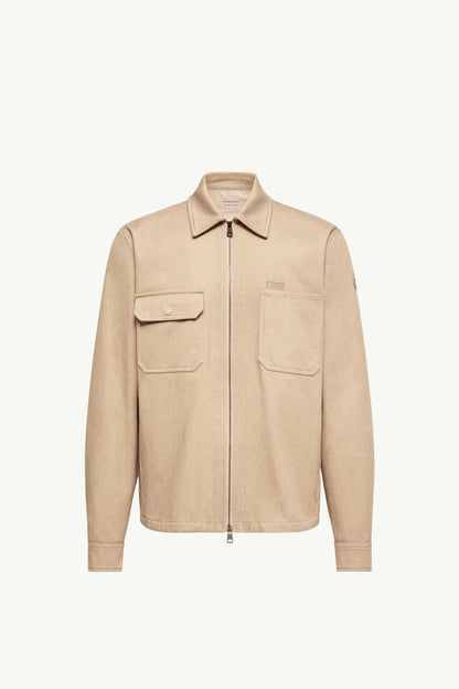 Moncler Leather Logo Cotton Shirt Jacket Beige Beige