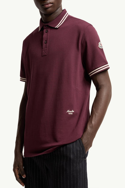 Moncler Striped Trim Cotton Piquet Polo Shirt Burgundy Burgundy