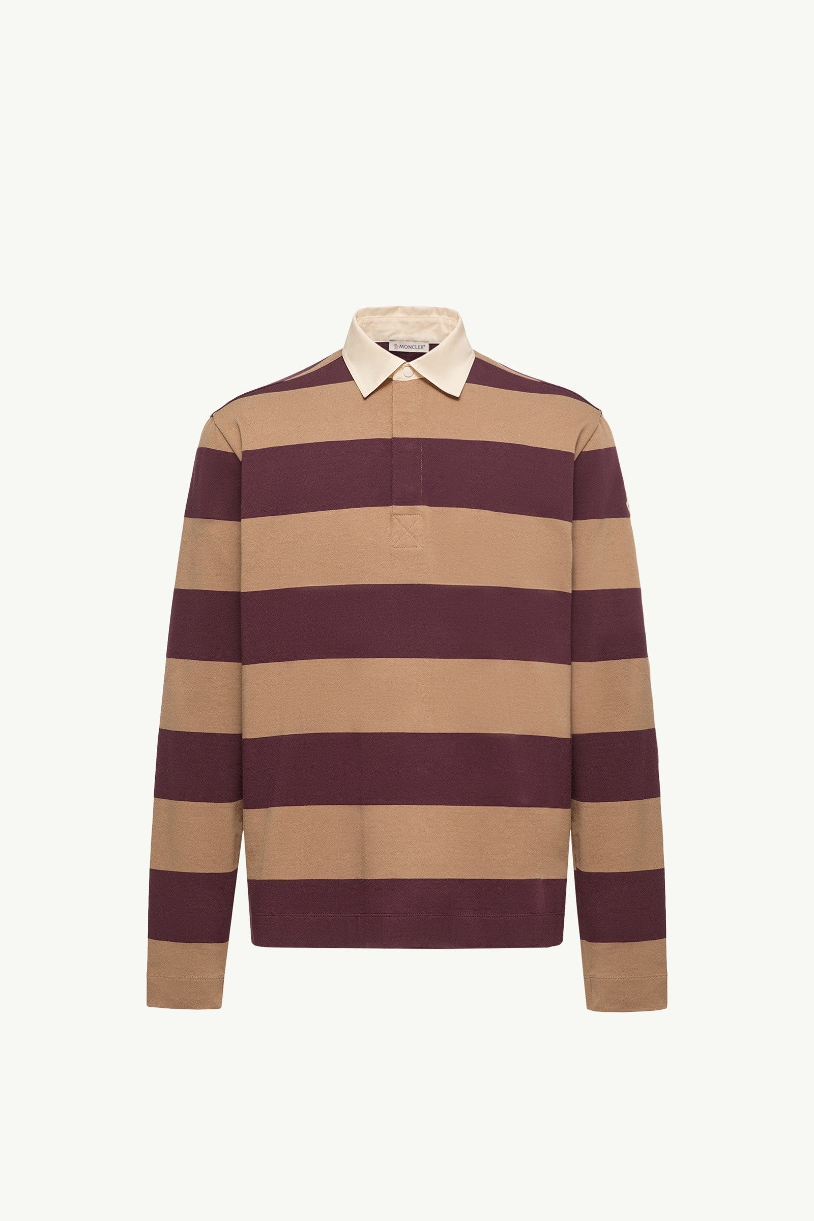 Moncler Striped Cotton Long Sleeve Polo Shirt Beige & Burgundy Beige & Burgundy