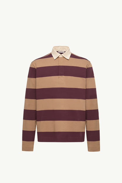 Moncler Striped Cotton Long Sleeve Polo Shirt Beige & Burgundy Beige & Burgundy