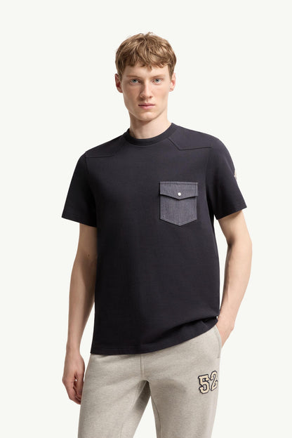 Moncler Cotton Jersey T-Shirt With Denim Pocket Navy Blue Navy Blue
