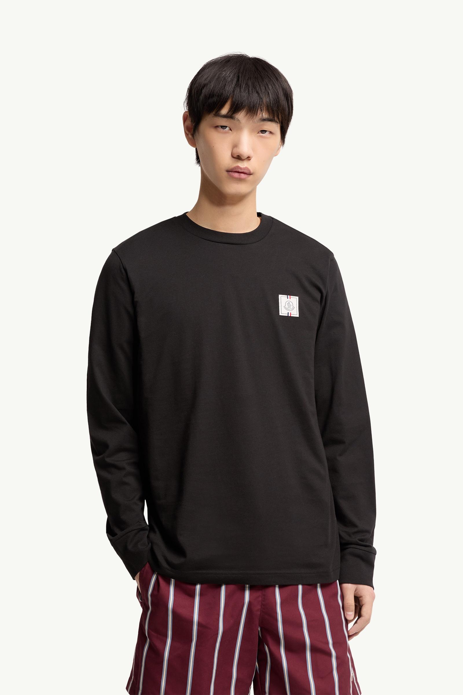 Moncler Tricolor Logo Long Sleeve Cotton T-Shirt Black Black