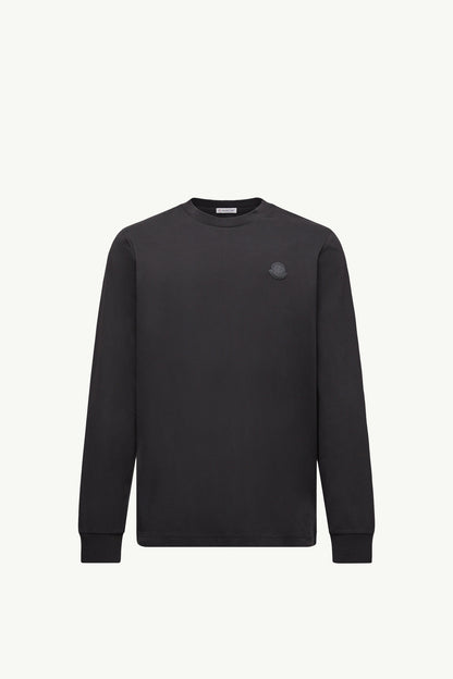 Moncler Leather Logo Long Sleeve Cotton T-Shirt Black Black