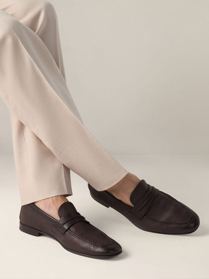 Zegna Dark Brown Natural Grain Leather Mocassin Loafer