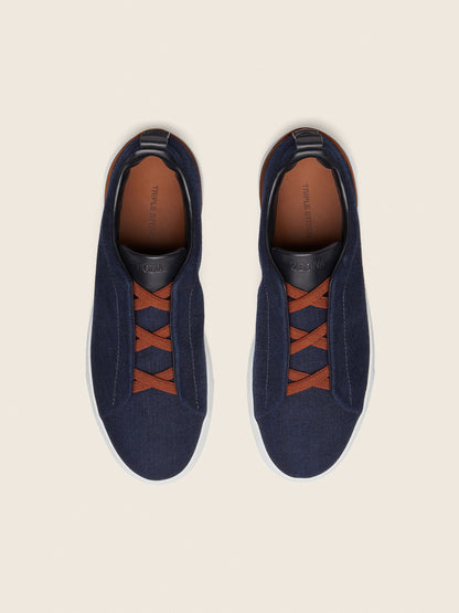 Zegna Navy Blue Cotton Denim Triple Stitch Sneakers