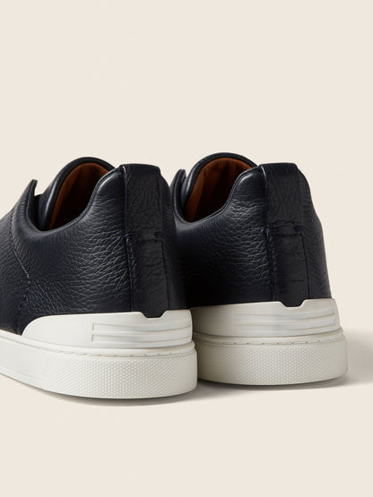 Zegna Navy Blue Deerskin Triple Stitch Sneakers