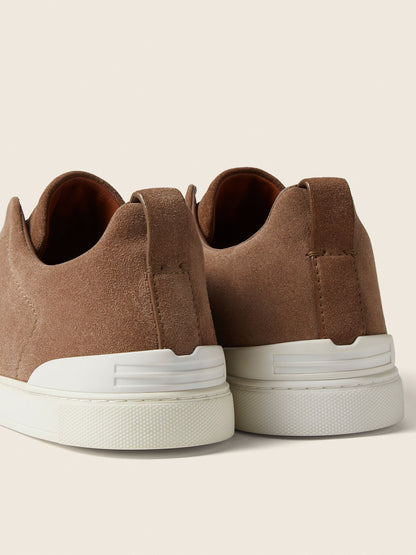 Zegna Dark Beige Suede Triple Stitch Sneakers