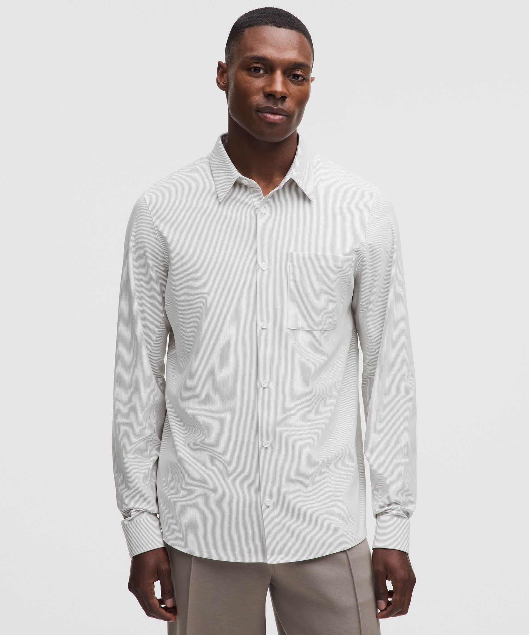 Lululemon Commission Long-Sleeve Shirt *Pocket Commission Stripe Heathered White Warm Ash Grey