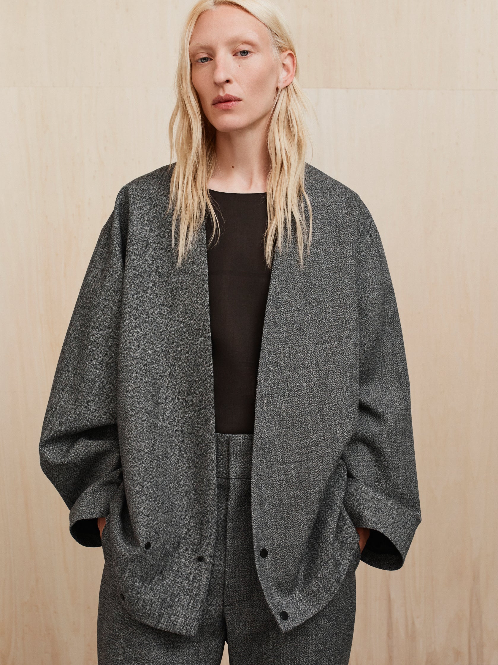 Essentials Mouline Wool Relaxed Lapelless Jacket Off White/Black