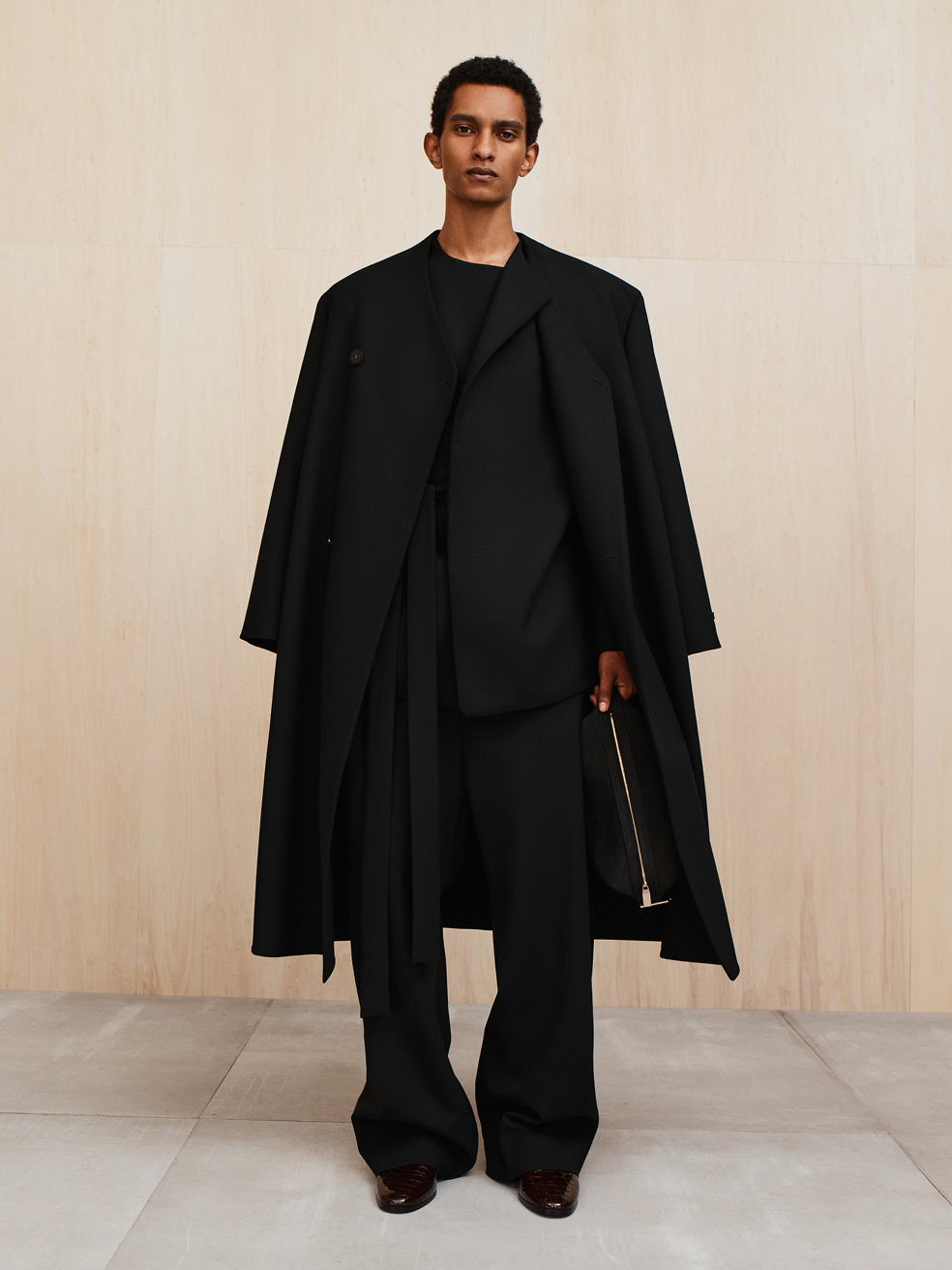 Essentials Double Weave Wool Double Breasted Lapelless Coat Black
