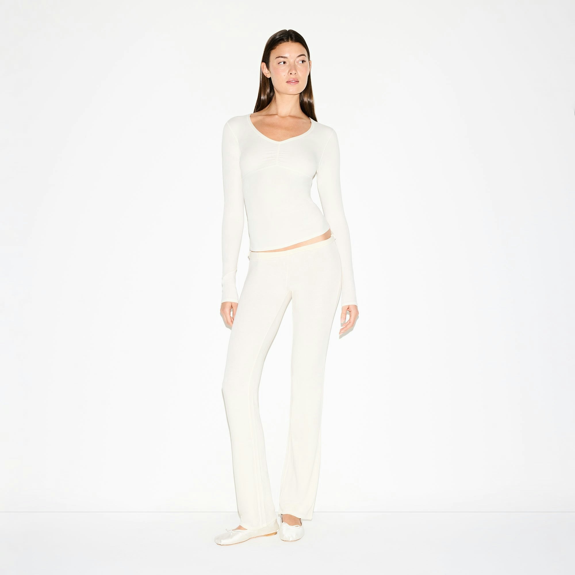 Skims Cotton Jersey Shirred Bust Long Sleeve Marble