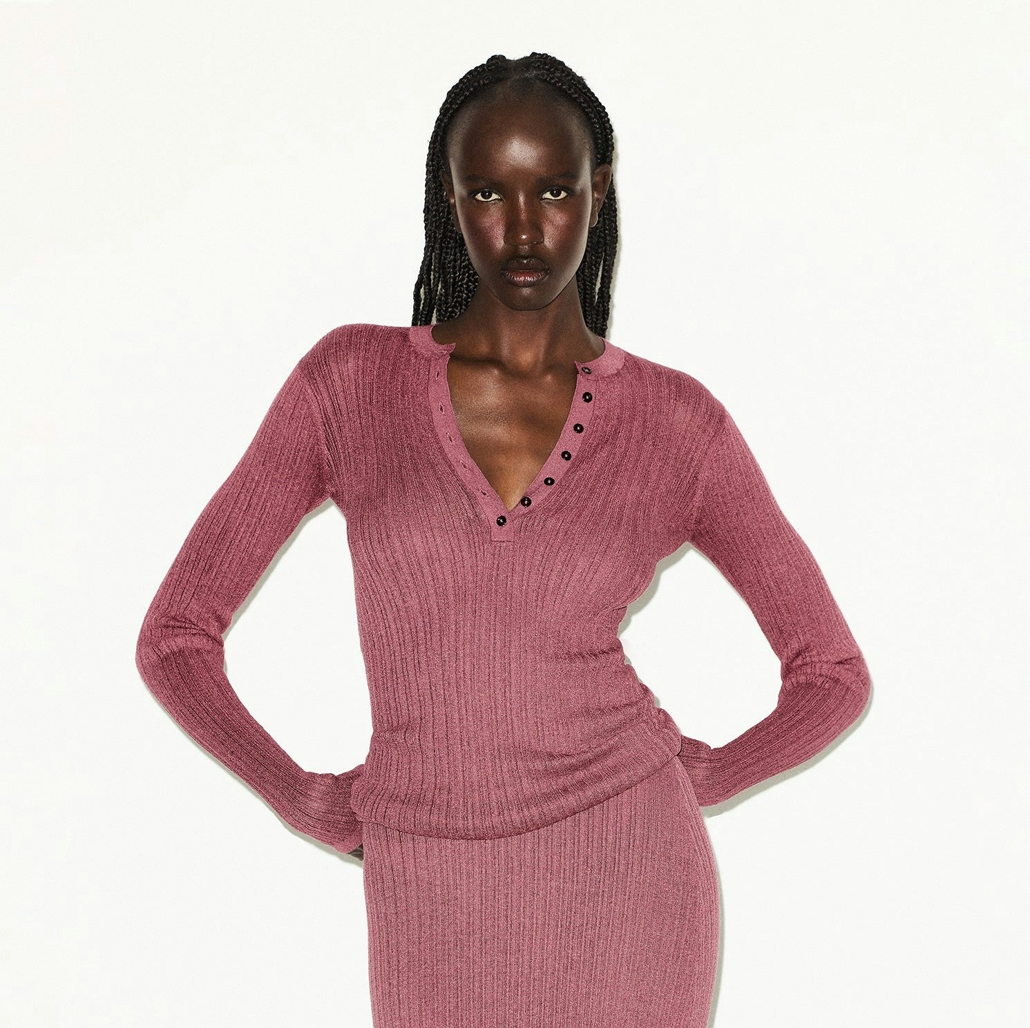 Skims Sheer Knit Long Sleeve Henley Beet