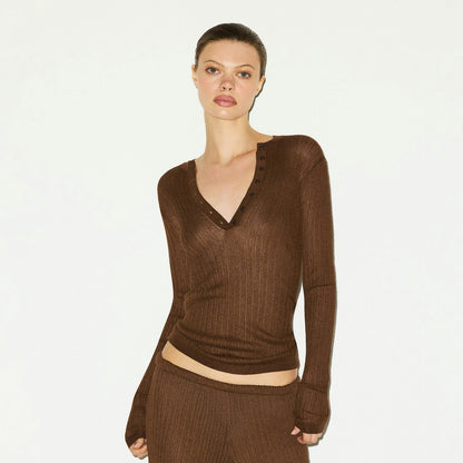 Skims Sheer Knit Long Sleeve Henley Bison