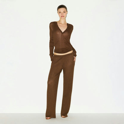 Skims Sheer Knit Long Sleeve Henley Bison